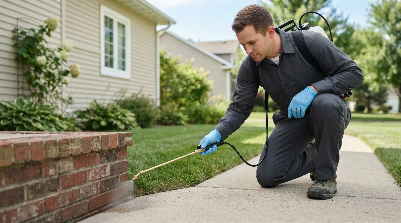 Pest control technician treating a home near Deerfield, MA