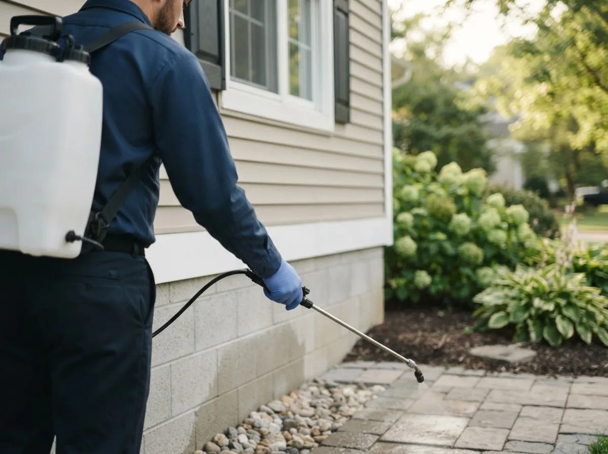 Pest control technician inspecting a home in Deerfield, MA